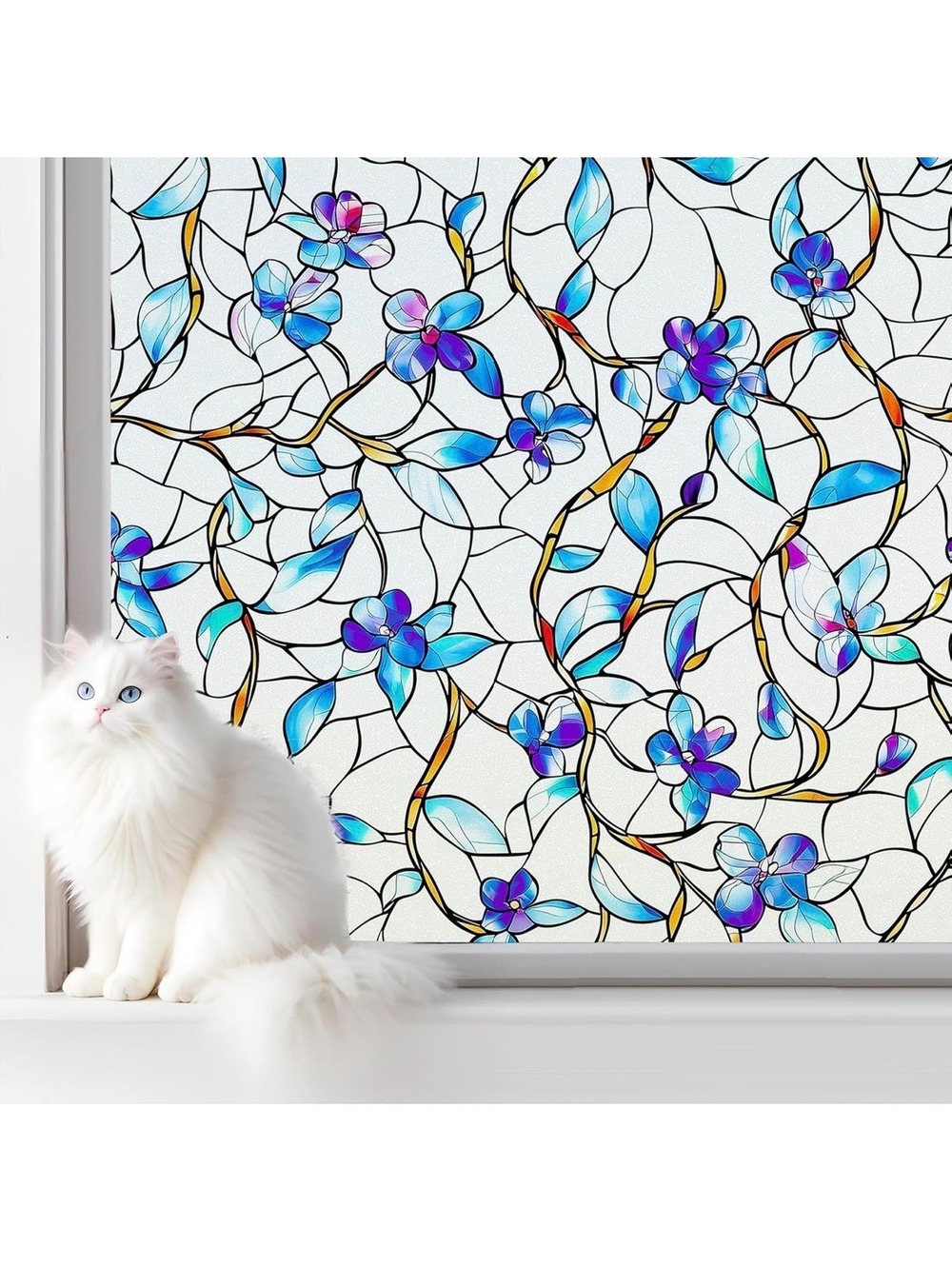 Blue Floral Stained Glass Style Window Film Privacy Decorative Film